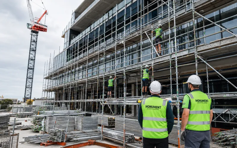 Monument Scaffolding crew reviewing multi-storey scaffold access on a commercial office building construction site
