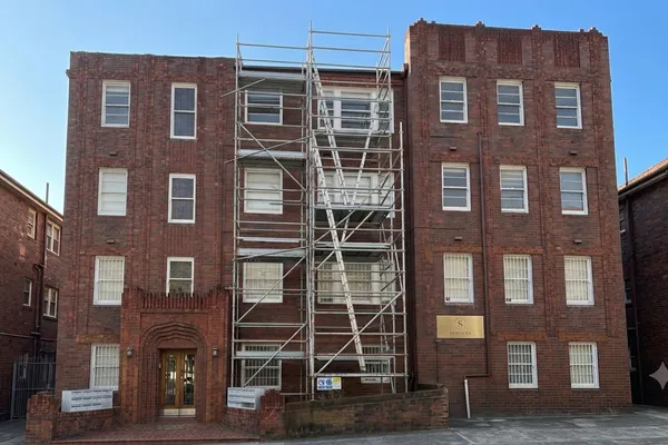 Scaffolding installed on an apartment building on Old South Head Road, Bondi for plumbing access